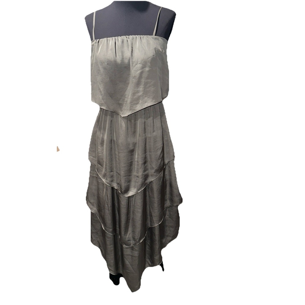 Banana Republic Maxi Dress Gray Elastic waist Tired Ruffle Strap Satin Size 4